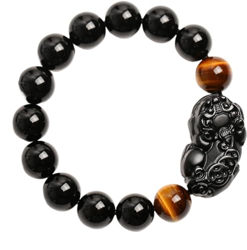Bracelet obsidienne noire 18mm avec amulette Piyao en argent