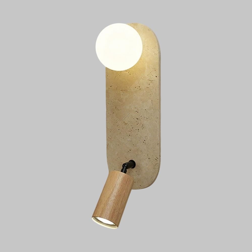SMCCYYSD Yellow Travertine Wall Lamp, Oval Design Sconce with Adjustable Wood Spotlight, Mid Century Modern Glass for Bedside Bedroom Living Room Kitchen