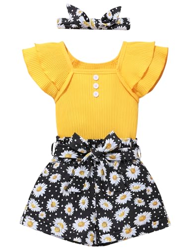 Image of Gaupafmb Toddler Girls Clothes Ruffle Short Sleeve Tops and Shorts Set with Headband 3PCs Outfits