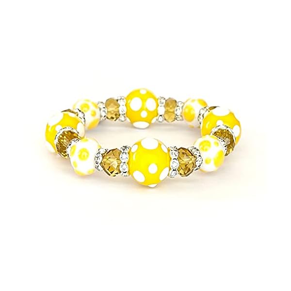 Linpeng-Glass-Beads-Polka-Dots-Bracelet-YellowWhite Linpeng PD-08 Fiona Hand Painted Polka Dots Glass Beads Stretch Bracelet, Yellow/White