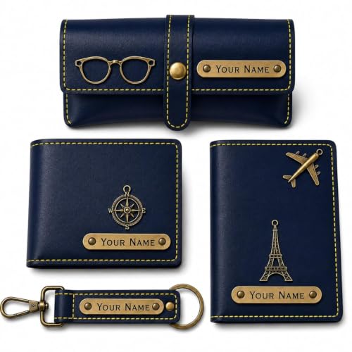 Image of Customized Wallet Combo Gift Set for Men | Faux Leather Wallet, Passport Cover & Keychain with Name & Charm | Personalized Gift for Birthday, Rakhi & Anniversary (Blue wkps)