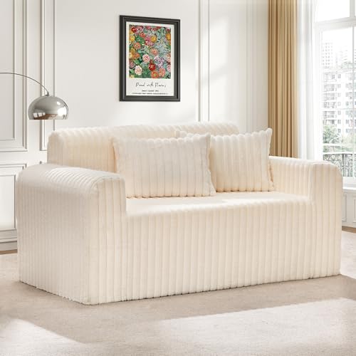 Image of Hobestluk Couch Sofa 2-Seater Foam Sofa Loveseat for Small Spaces Comfy Sofas with Removable Cover Furry Couch with Pillows for Living Room, Bedroom, Apartment, Office (White, Loveseat)