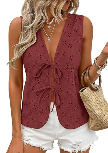 PRETTYGARDEN Women 2026 Summer Tie Front Eyelet Tank Tops Trendy Floral Vest Sleeveless V Neck Dressy Blouse Vacation Outfits (Brown Red Small)