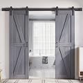 FREDBECK Gray Double 24x84 Inch Doors 48 Wood barn Door with 8FT Barn Door Hardware Kit and Handle Included K Shape Spruce Double Surfaces,Simple Assembly is Required,K-Frame,Grey