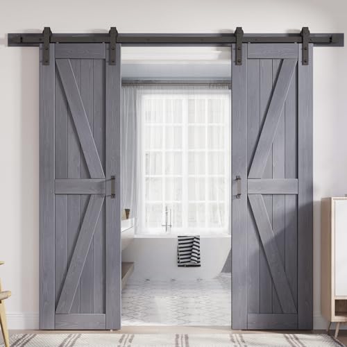 FREDBECK Gray Double 24x84 Inch Doors 48 barn Door with 8FT Barn Door Hardware Kit Included K Shape...