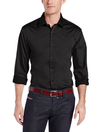 Perry Ellis Men's Big-Tall Long Sleeve Twill Noniron Medium Spread Collar Shirt, Black, 4X-Large/Tall