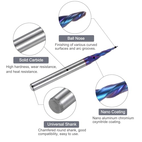Image of uxcell Tapered Ball Nose End Mill CNC Router Bit, 1 /64 inch Radius 1 /4 inch Shank Solid Carbide Nano Coated Upcut Spiral 2 Flutes Cutter Milling Tool, 1 /32 inch Dia 3 inch Total Length
