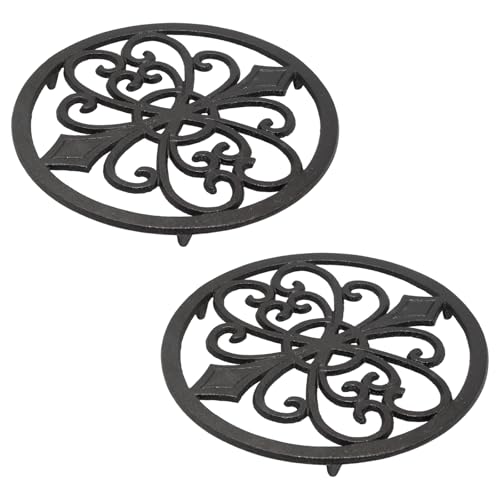 OYWOBET 2Pcs 20cm/7.87inch Iron Cast Trivet for Hot Dishes, Black Vintage Hollow Flower Mat Pattern Metal Trivets for Hot Pots and Pans