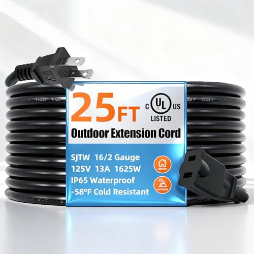 UL Listed Outdoor Extension Cord 2 Prong 25 FT Polarized Plug SJTW 16/2 Gauge 13 AMP 125V 1625W Black Outdoor Extension Cord Waterproof Flame & Cold Retardant Water & Weather Resistant