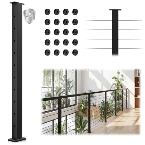 Image of Cable Railing Post 36 Inch 35 inchx2 inchx2 inch, Level Drilled Surface Mount T304 Stainless Steel Railing Line Post, Flat Top Horizontal Hole Deck Wire Railing Post, Black Coating Cable Handrail Post
