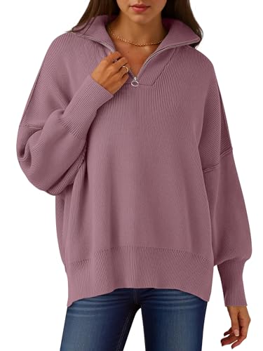 Image of ANRABESS Womens Oversized Quarter Zip Pullover Sweaters | Fall Fashion Outfits, Long Sleeve Slit Side, Baggy Loose Fit, 1 /4 Zip Lapel Collared, Ribbed Knit Soft Warm Winter Clothing