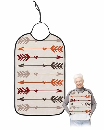 LEOKOTI Orange Red Brown Arrow Adult Bibs for Eating, Waterproof Bibs with Food Catcher & Adjustable Snap Closure, Boho Ethnic Farmhouse Washable Clothing Protectors Adult Bibs for Elderly Women/Men