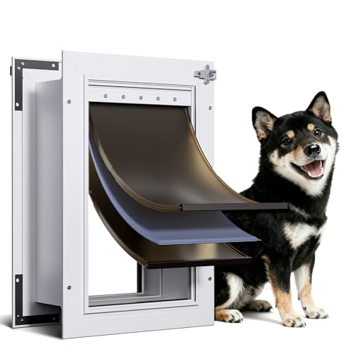 PETCOMING 3-Flap Dog Door Wall Mount, Medium All Aluminum Alloy Doggy Doggie Door, Pet Door for Dogs with 2 Locks, Insulation Layer, 2 Magnetic Flaps, Closing Panel, Pets Up to 45 LB