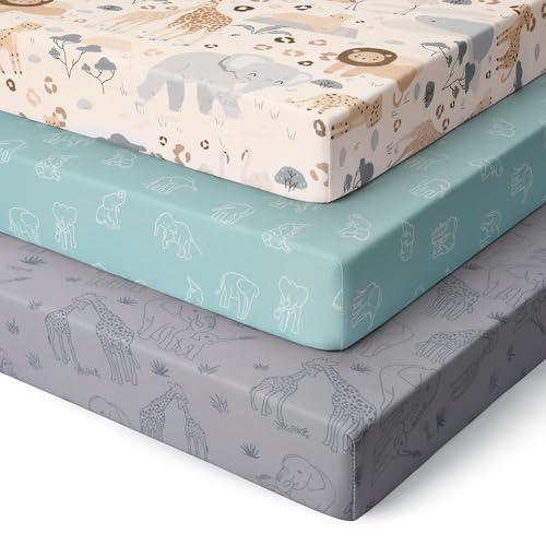 Unnivoll Lot de 3 draps-housses pour lit de voyage 95 x 65 cm - Super doux et respirant - Vert abricot - Gris éléphant