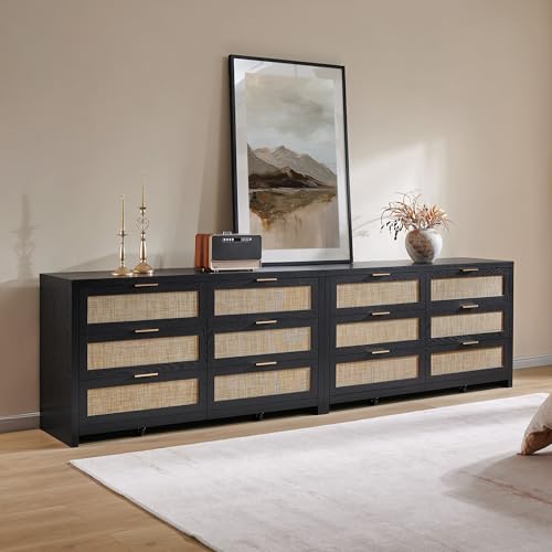 Image of SICOTAS Rattan Dresser for Bedroom, 6 Drawer Dresser with Ample Storage, Wooden Dressers Large Chest of Drawers, Closet, Boho TV Stand for Bedroom (Black Oak, 2 Pieces)