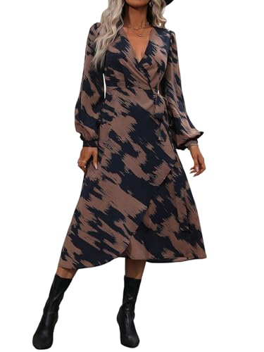 SweatyRocks Damen Langarm Kleid A Linien Midikleid mit Schlitz V Ausschnitt Freizeitkleid Wickelnkleid Damenkleid mit Knoten Braun L