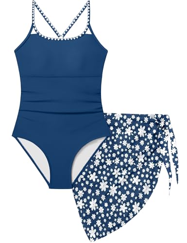 Image of KANGKANG Girls Swimsuit Quick Dry Cut Out One Piece Swimsuits with Tropical Print Cover Up Skirt Bathing Suit Swimwear 7-18Y