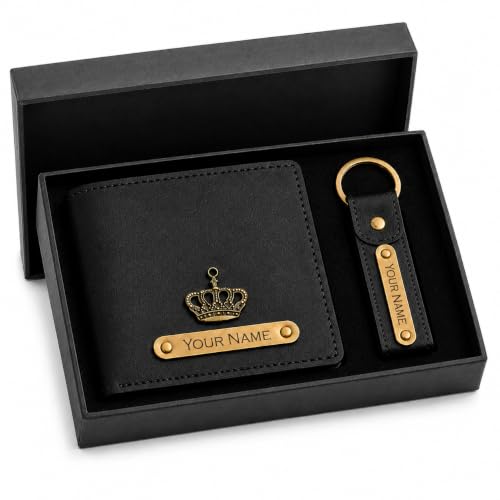 Image of Zift Personalized Name & Charm Leather Wallet & Keychain Gift Set for Men | Custom Name Engraved Wallet with Keychain | Birthday Anniversary Diwali Corporate Gifts for Men (Midnight Classic)