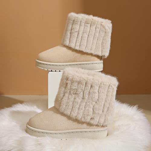 Little Kid Faux Fur Mid Calf Snow Boots - Big Kid Round Toe Suede Warm Fur Lined Platform Flat Comfort Outdoor Winter Fashion Boots3