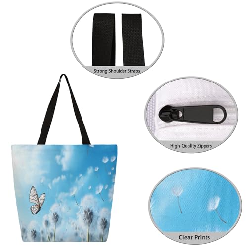 Sky Butterfly Dandelion Large Capacity Canvas Tote Bag Stylish Handheld Shoulder Bag Reusable Shopping Bag for Work Travel Beach Trips Shopping3
