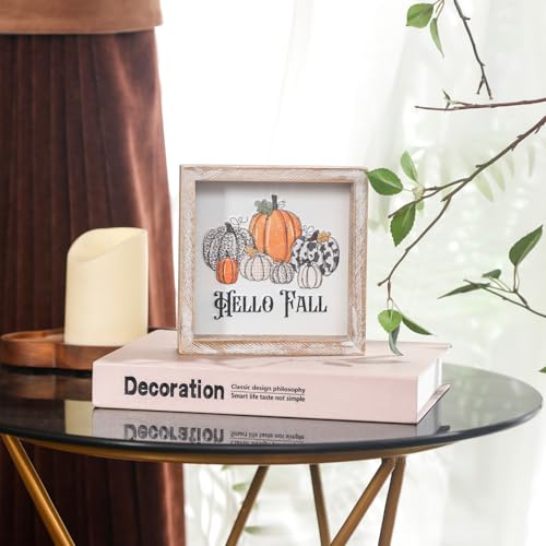 Image of Embossed Pumpkin Sign, Farmhouse Autumn Decorations, Wooden Fall Tiered Tray Decor for Shelf Cubicle Desk Mantel, Rustic Thanksgiving Table Decor