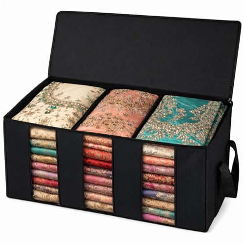 Image of Foldable Under Bed Clothes Organizer with 3 Dividers & Clear Window | Pack of 1 Storage Boxes with Handles | Storage Container for Blankets, Quilts, Clothes & Bedding | Black