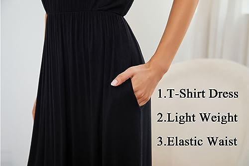 Image of AUOMITH Women's Summer Maxi Dress Short Sleeve Empire Waist with Pockets