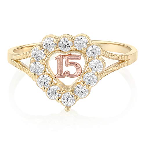 Ioka -14K Solid Tri Color Gold Sweet 15 Anos 15 Years Birthday Quinceanera CZ Heart Cut Ring
