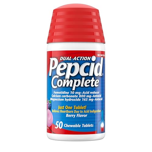 Pepcid Complete Acid Reducer + Antacid for Acid Reflux, 10mg Famotidine, 800mg Calcium Carbonate & 165mg Magnesium Hydroxide per Heartburn Medicine Tablet, Antacid Chews, Berry, 50 ct Pepcid Complete Acid Reducer + Antacid for Acid Reflux, 10mg Famotidine, 800mg Calcium Carbonate & 165mg Magnesium Hydroxide per Heartburn Medicine Tablet, Antacid Chews, Berry, 50 ct