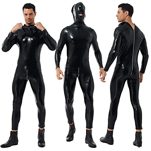 Men's Shiny Full Body Cover Bodysuit Zipper Pouch Lingerie Tight Gay Jumpsuit with Hood2