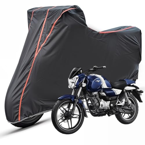 Image of Two Wheelers Bike Body Cover Compatible for Bajaj V12, UV Resistant, Dustproof, Triple Stitched, Elastic Bottom, Red Piping Motorcycle Cover (Black, Pack of 1)