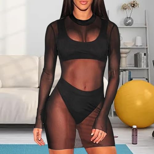 Elkuaie Transparentes Oberkleid, Sexy Damen Minirock, Bikini Sexy Durchsichtig Langarm Halbtransparent Rundhalsausschnitt Minikleid Transparent Cover Up Strand Sommerparty