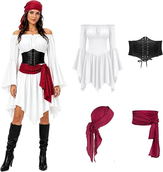 Pirate Costume Women Fancy Dress For Adults Halloween Costumes For Women Plus Size Womens Pirate Costume Adult Ladies Cosplay Accessories Includes 3pcs with 1 Corset Belt,1 Pirate Headscarf, 1 Sash โ image 1