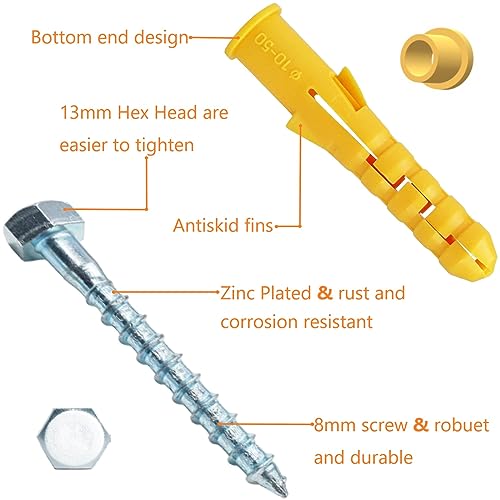 M10x50mm Heavy Duty Masonry Brick Wall Fixing plug + Coach Screw Zinc Plated and Washer,Strong Nylon Wall Plug Steel Bolt KIt for Tv Bracket Aerial Mast Sky Dishes Shelves Mounting (10) - Image 3