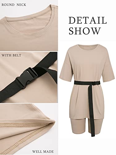 Glamaker Women 2 Piece Outfit Sets Casual Oversized T-Shirt Tops Biker Shorts Workout Sport S Tracksuit Khaki Large #TOP4