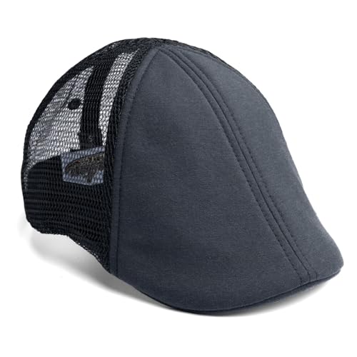 The Original Boston Scally Cap - The Mesh Trucker Mens Flat Hat - Six Panel Newsboy Cap for Men - Black/Black - ML