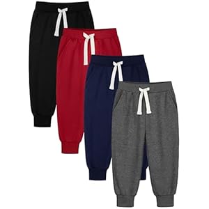 HXP Paquete de 4 pantalones deportivos para niños pequeños, pantalones deportivos de algodón puro para niños con cordón de bolsillo