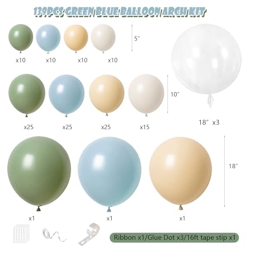 Image of Sage Green Dusty Blue Nude Balloon Kit with 3 Bobo Balloons 139Pcs Sand White Latex Balloons for Bear Baby Shower Wedding Birthday Party Decorations for Boy Girl Adult