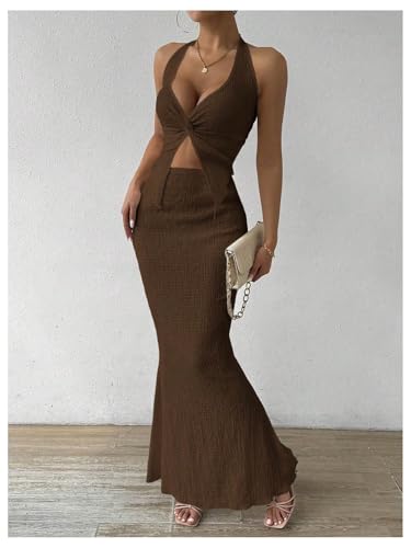 Image of SOLY HUX Women's Two Piece Outfits Twist Front Halter Cami Tops and Skirt Summer Set