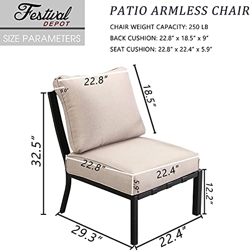 Festival Depot Patio Dining Chair Metal Armless Chair With Thick Cushions Outdoor Furniture For Porch Balcony Bistro, Beige #TOP1