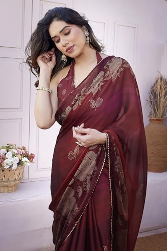 Image of MIRCHI FASHION Saree for Woman Chiffon Foil Work Floral Printed | Ethnic Sari for Function and Farewell with Unstitched Blouse Piece (Available in 15 Colors)