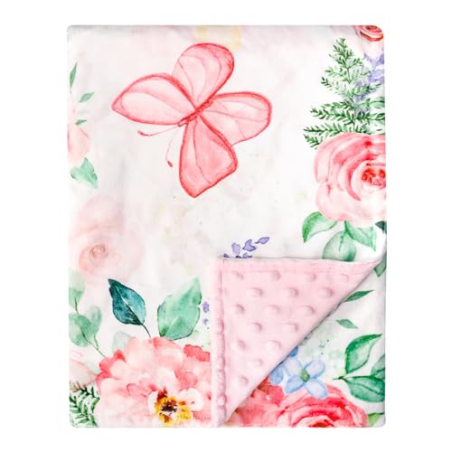 Image of Baby Blankets for Girls, Soft Pink Minky Toddler Blanket 30x40 Inches, Double Layer, Dotted Backing, Floral Baby Crib Blanket for Nursery, Baby Car Seat, Pet, Pink Flower & Butterfly