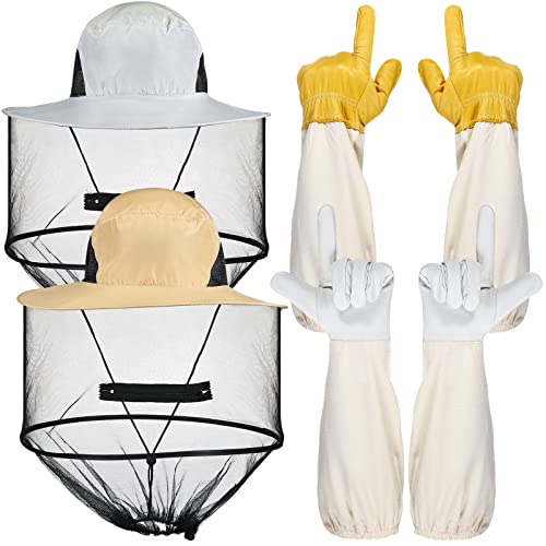 Newcotte Beekeeping Gloves Hats Set 2 Thick Goatskin Leather Bee Gloves with Ventilated Sleeves and 2 Pack Beekeeping Fencing Veil Mosquito Hats Netting Sun Head Net Hat with Hidden Net Mesh Mask