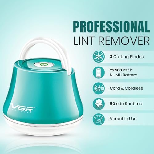 Image of VGR V-810 Professional Lint Remover | Rechargeable Fabric Shaver for Clothing, Upholstery & Linen | Stainless Steel Mesh, Large Lint Container, Foldable Handle | Quick Charging, Aqua Teal