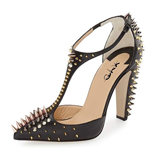 XYD Women's Fashion Rivets T-Strap Chunky Heel Pumps Pointed Toe Spikes Studded Nightclub Party D'Orsay Shoes