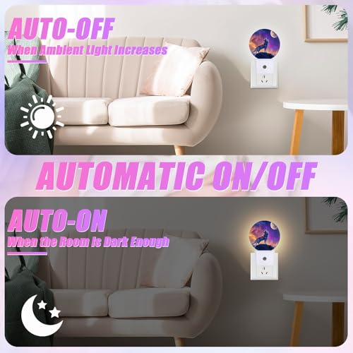 Image of Wolf Night Light Full Moon Night Lights LED Lamp Round Plug into Wall Nightlight with Dusk to Dawn Sensor Home Hallway Stairway Kitchen Decor