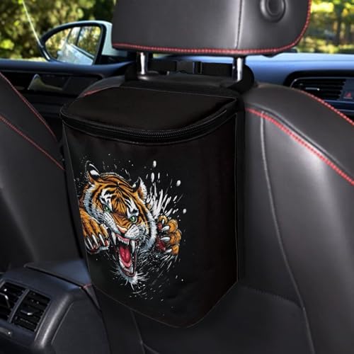 Cool Tiger Print Trash Can for Car Leakproof Garbage with Lid and Zipper Trash Bin Hanging Back of Seat Auto Interior Accessories Universal Fit Most Truck SUV Van