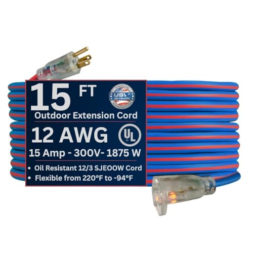 US Wire and Cable 12/3 Gauge x 15-Foot Extreme Cold Weather Extension Cord Heavy-Duty, 221 F to - 94 F Rating, Lighted Plug, Blue and Red, SJEOOW, Weather-Resistant, Ideal for Outdoor & Indoor Use