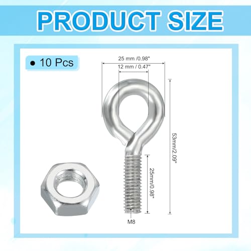 Image of PATIKIL M8x25mm Eye Bolts, 10 Pcs Carbon Steel Threaded Eyebolt Eye Hooks Screws with Nut for Hanging or Securing Cables Silver