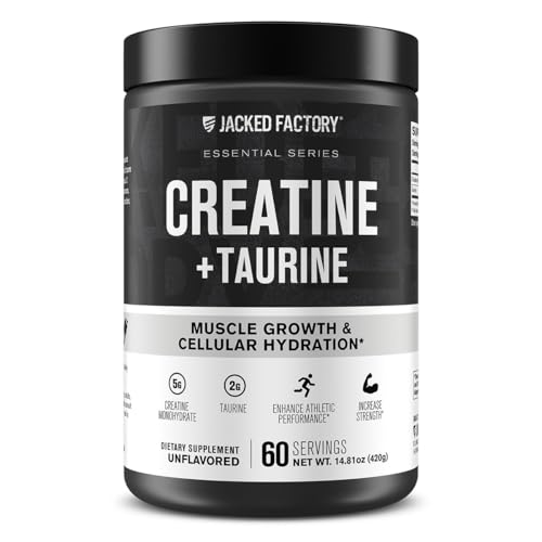 Jacked Factory Creatine + Taurine - Creatine Monohydrate 5000mg with Taurine 2000mg for Increased Muscle Strength & Cellular Hydration - 60 Servings Unflavored